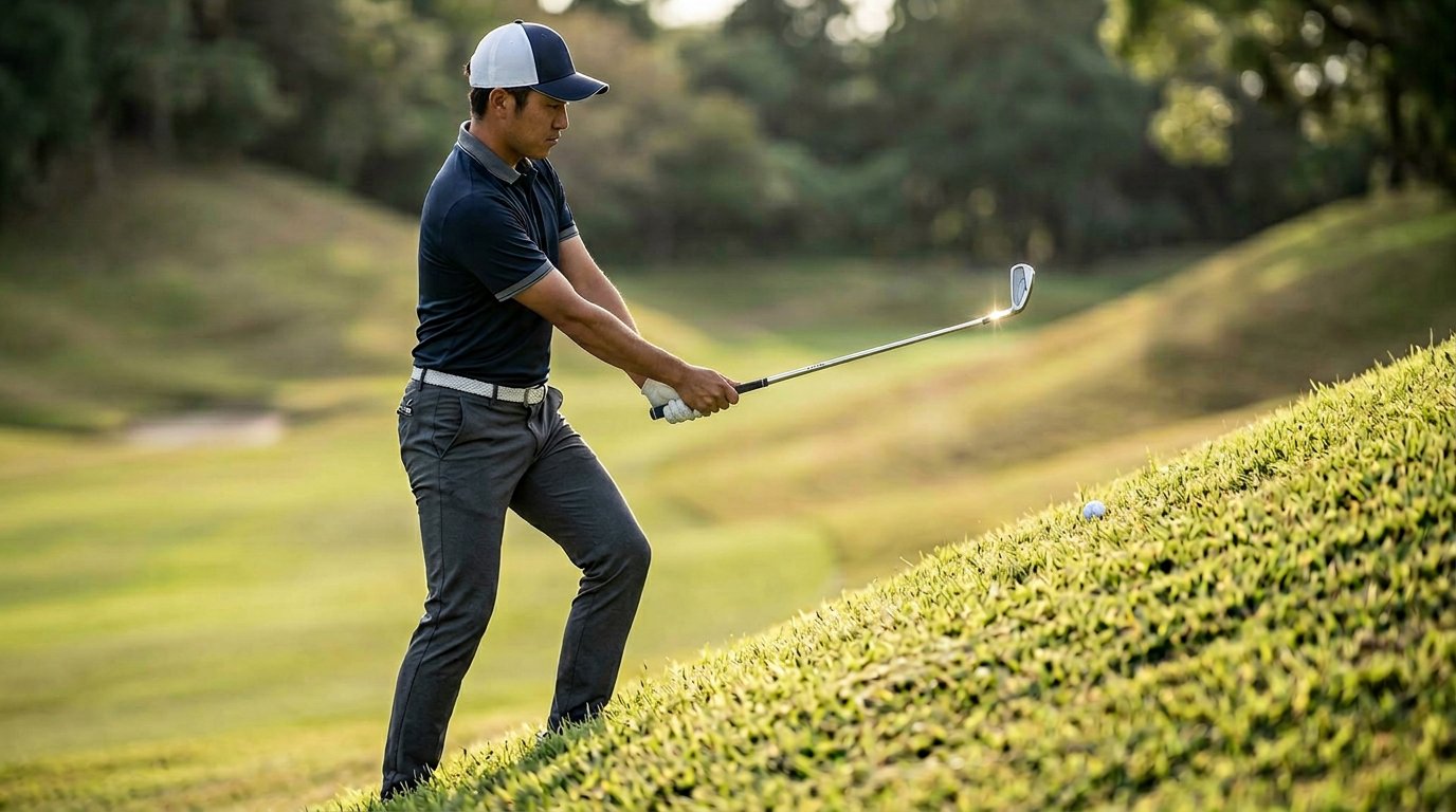 7番アイアン つま先上がり傾斜の打ち方比較